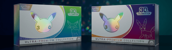 Pokémon TCG 30th Celebration Ultra-Premium Collection Day and Night boxes, Espeon ex and Umbreon ex, side by side