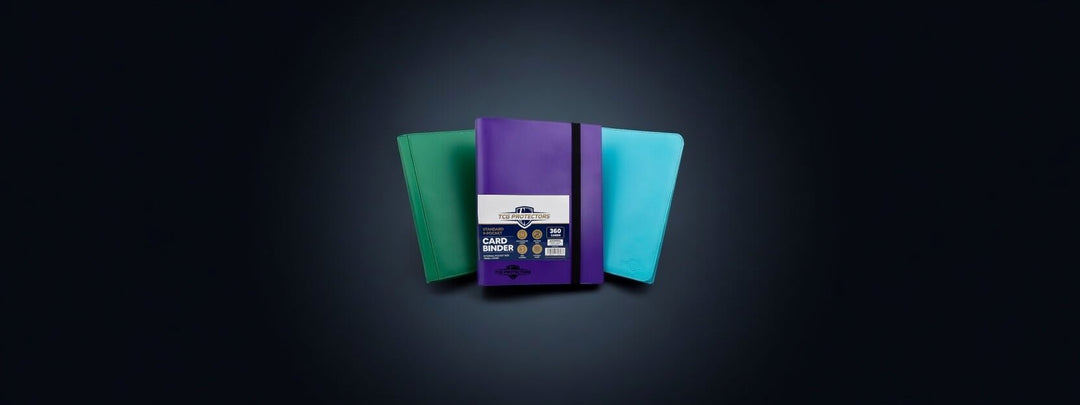 Three premium trading card binders in green, purple, and teal showcased on a dark background for the ultimate TCG binder storage guide.