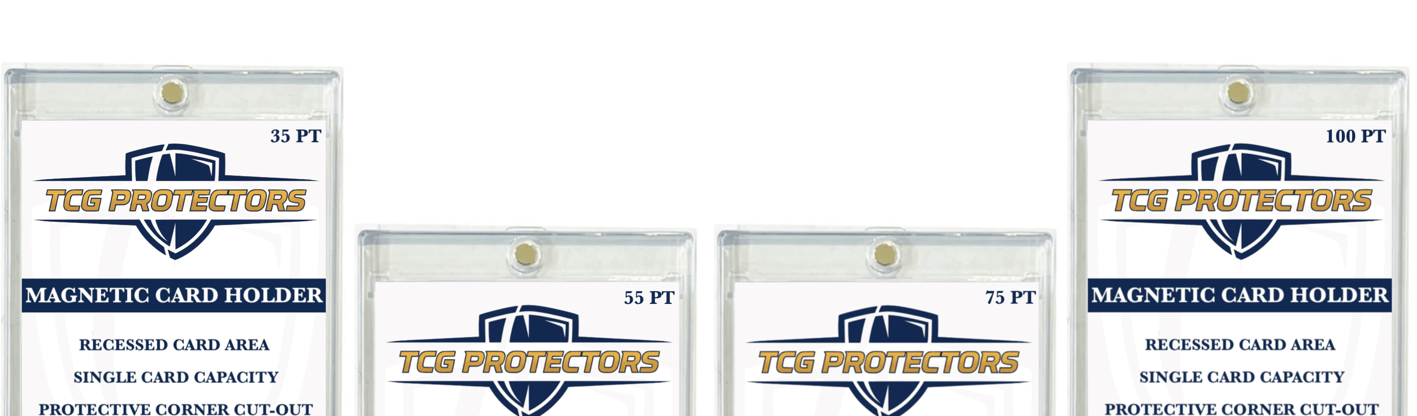TCG Protectors magnetic one-touch card holders lined up in a row by point thickness sizes for trading card display protection
