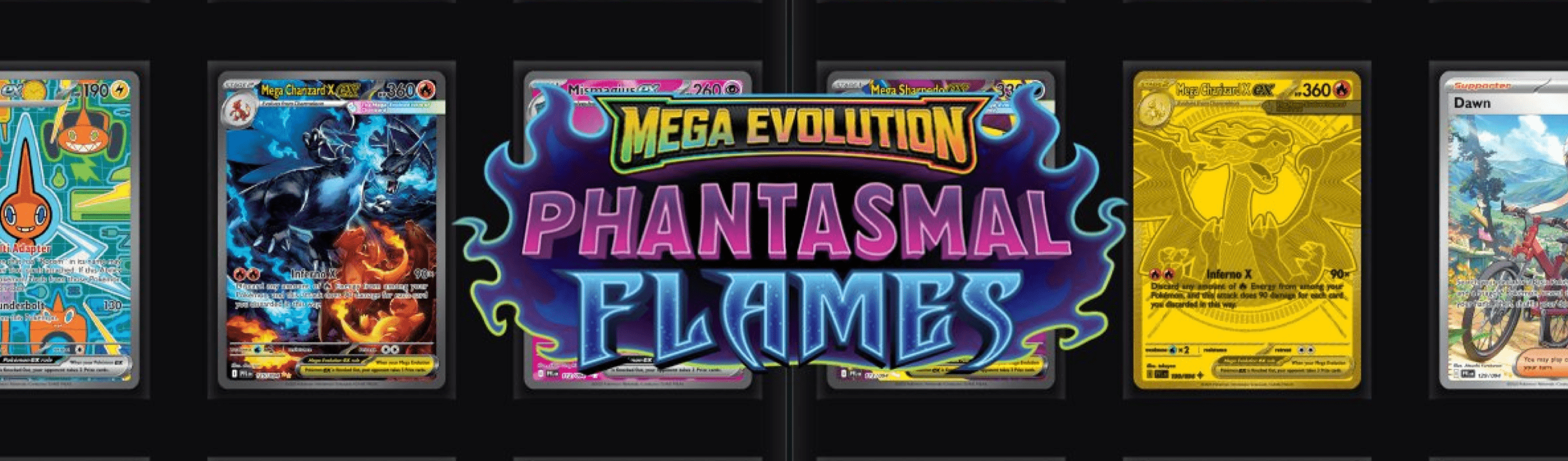 Pokémon TCG Phantasmal Flames set logo banner featuring rare chase cards and Mega Evolution ex artwork