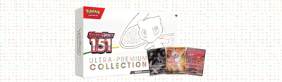 Scarlet & Violet 151 Ultra-Premium Collection box, a 2025 high-demand Pokémon TCG set with 16 booster packs and exclusive Mew promo cards.