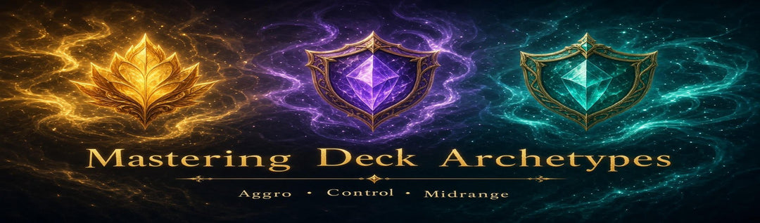 Disney Lorcana deck archetypes banner showing Aggro, Control, and Midrange strategies with gold, purple, and teal emblems for competitive play in 2026