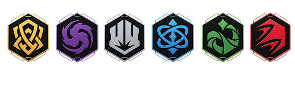 Disney Lorcana ink types showing the six hexagonal ink symbols in order: Amber (gold), Amethyst (purple), Emerald (green/grey), Sapphire (blue), Ruby (red), and Steel (silver/grey).