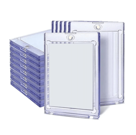 Stack of premium magnetic card holders and one-touch cases by TCG Protectors for Pokémon and graded cards