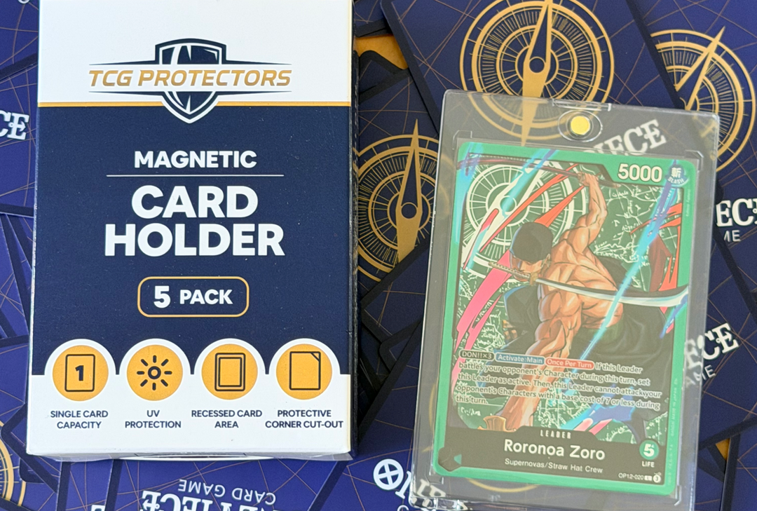 TCG Protectors magnetic card holder packaging and a one-touch case displaying a high-value card