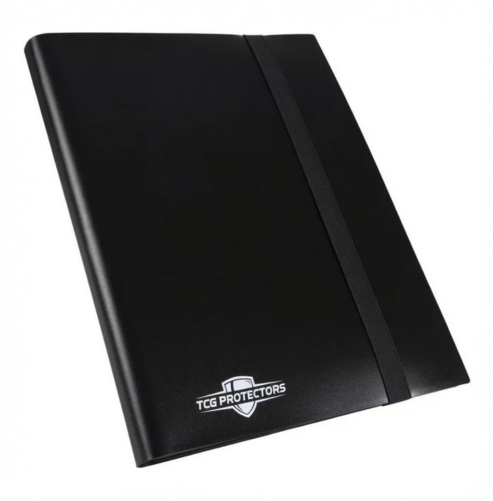 TCG Protectors Black Strap Binder with black elastic closure - premium trading card binder for Pokémon, One Piece, MTG, and sports cards