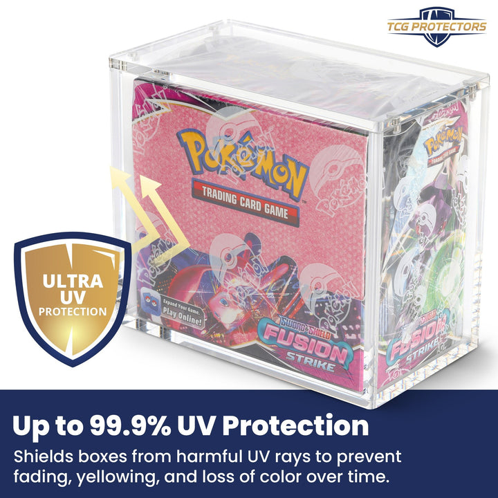TCG Protectors Pokémon Booster Box acrylic display case showing 99.9% UV protection and crystal-clear clarity