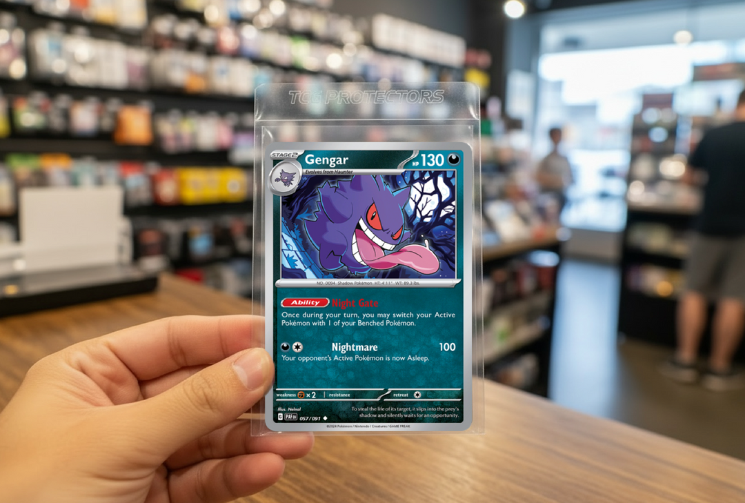Hand holding a semi-rigid card saver with a trading card inside for grading submission preparation