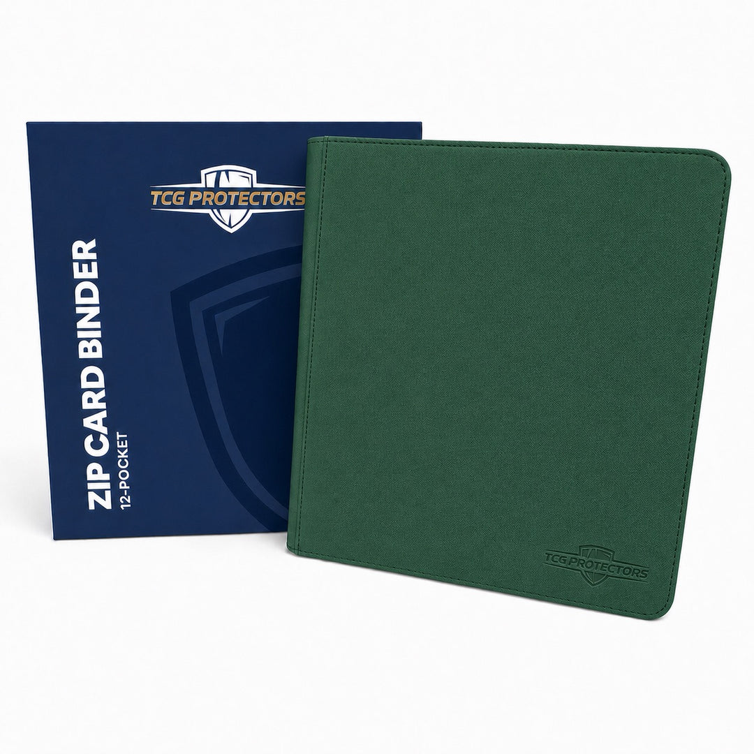 A dark green zip card binder shown in front of its navy blue retail box. The box features the TCG Protectors logo and text reading 'ZIP CARD BINDER 12 POCKET'.