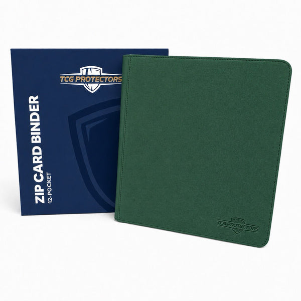 A dark green zip card binder shown in front of its navy blue retail box. The box features the TCG Protectors logo and text reading 'ZIP CARD BINDER 12 POCKET'.