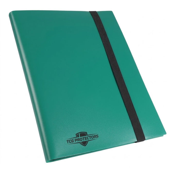 TCG Protectors premium teal-aqua hardcover trading card binder with vertical black elastic strap closure and 'TCG PROTECTORS' shield logo.