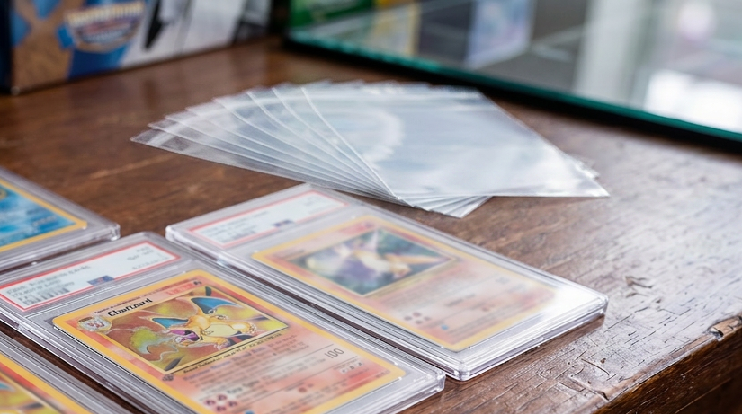 Resealable PSA graded card sleeves sitting beside protected trading card slabs