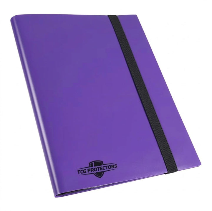TCG Protectors premium purple hardcover trading card binder with vertical black elastic strap closure.