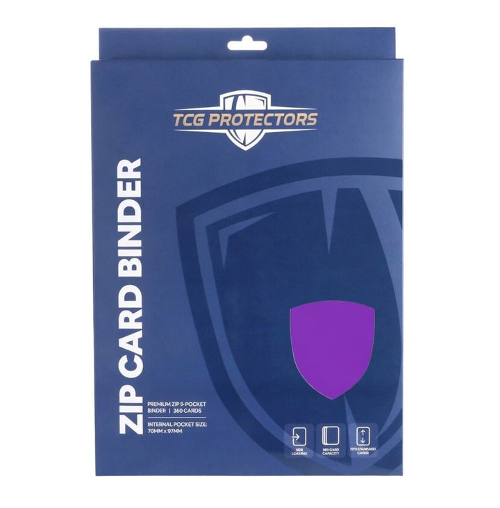 Blue TCG Protectors product retail packaging box with purple crest logo