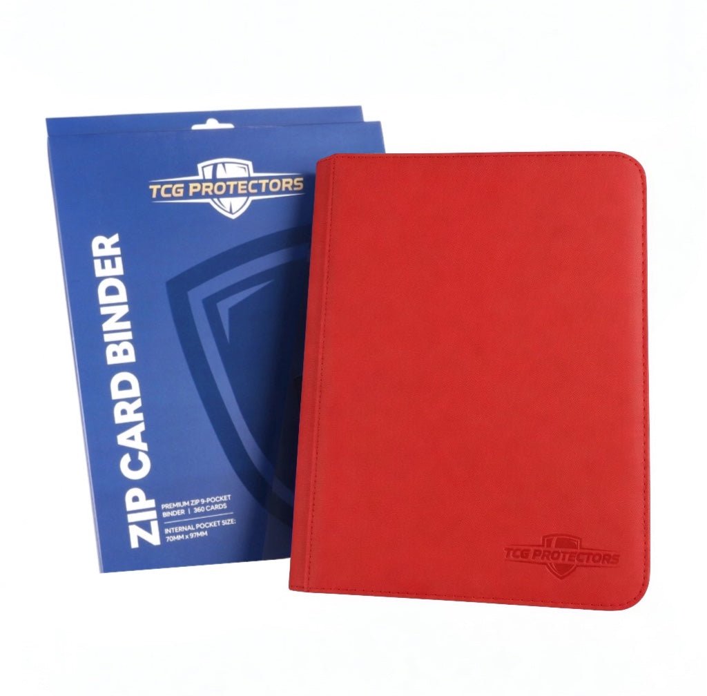 Red Premium 9-Pocket Zipper Binder standing next to blue retail packaging box