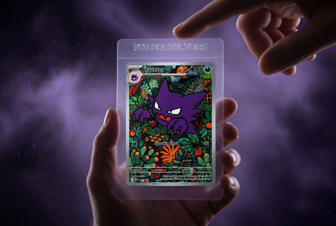 Semi-rigid card saver holding a holographic Gengar trading card for grading submissions
