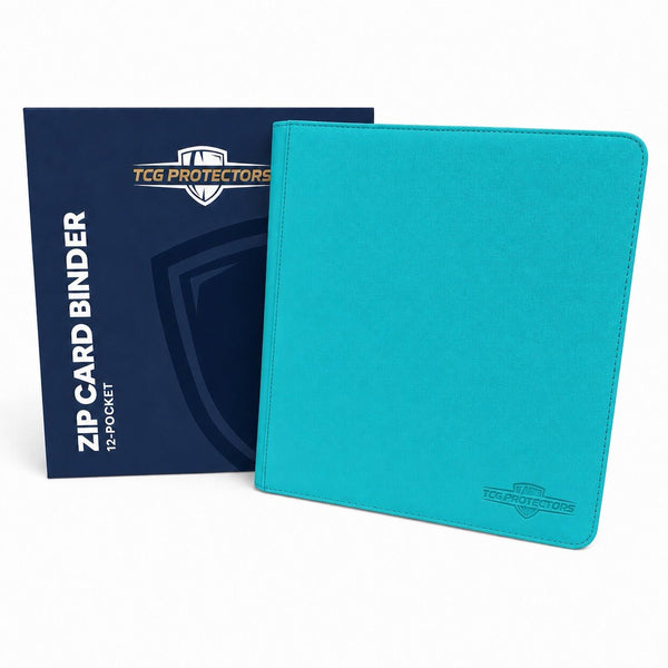 A teal blue zip card binder with a textured cover and debossed TCG Protectors logo, shown next to its dark blue retail box on a white background.