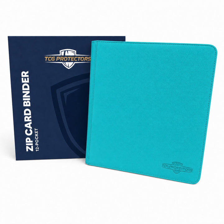 A teal blue zip card binder with a textured cover and debossed TCG Protectors logo, shown next to its dark blue retail box on a white background.