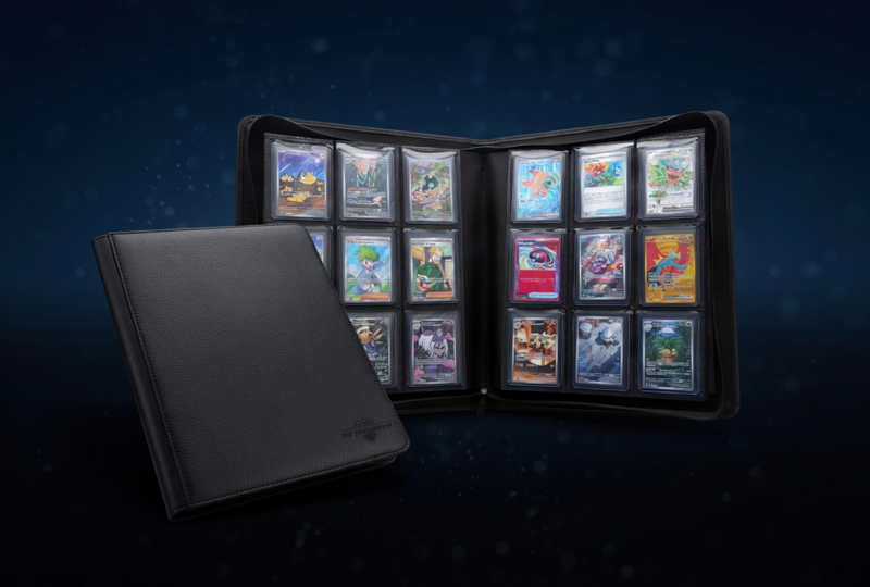 Collection of Pokémon trading cards in a black TCG Protectors premium zipper binder on a dark background