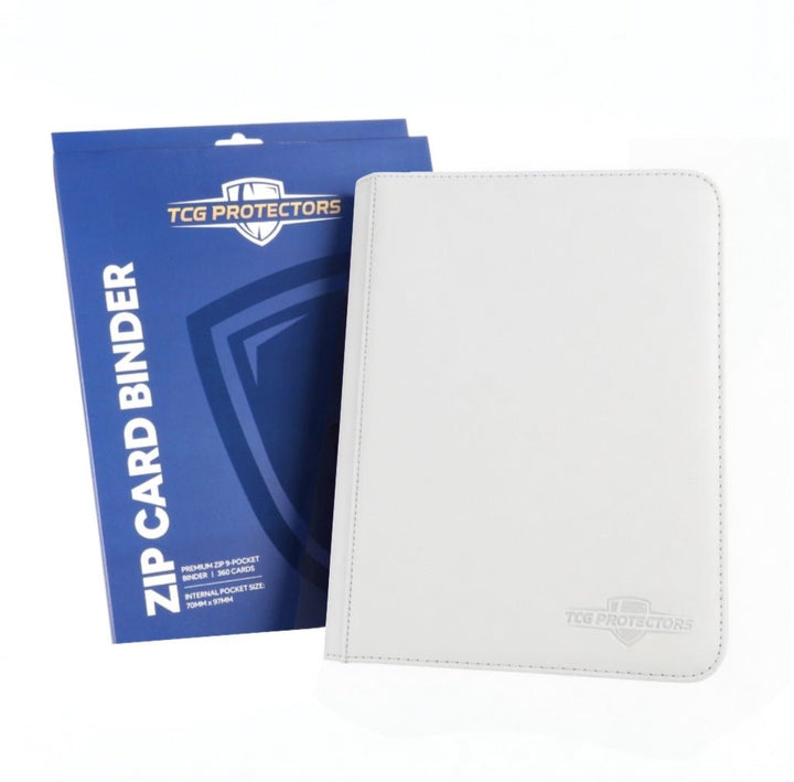 White Premium 9-Pocket Zipper Binder standing next to blue retail packaging box