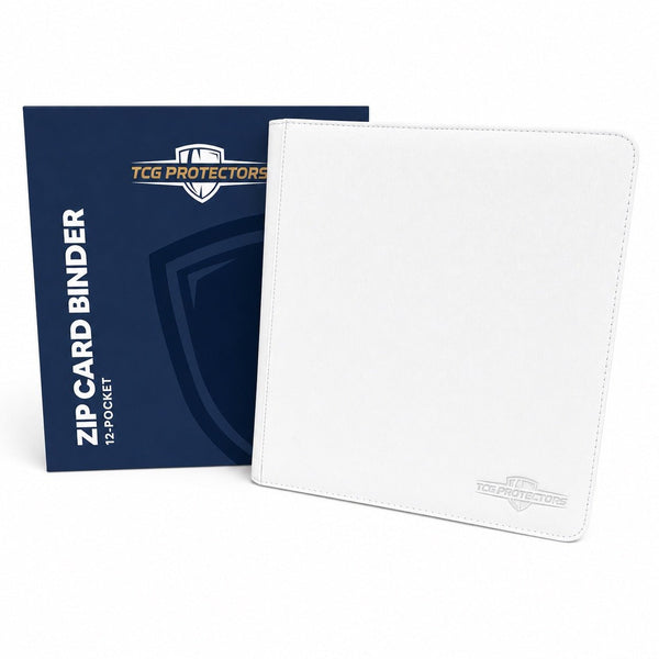 A white zip card binder with a debossed TCG Protectors logo, shown next to its navy blue retail box on a white background.