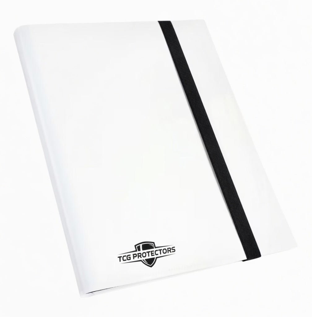 TCG Protectors premium white strap binder featuring black elastic band and logo, perfect for organizing and protecting trading card collections
