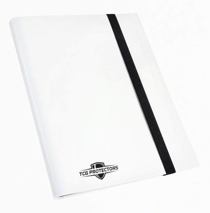 TCG Protectors premium white strap binder featuring black elastic band and logo, perfect for organizing and protecting trading card collections