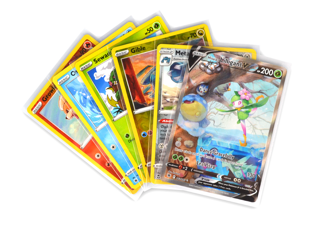 Assorted trading card game cards in TCG Protectors sleeves, representing our main TCG protection collection hub.