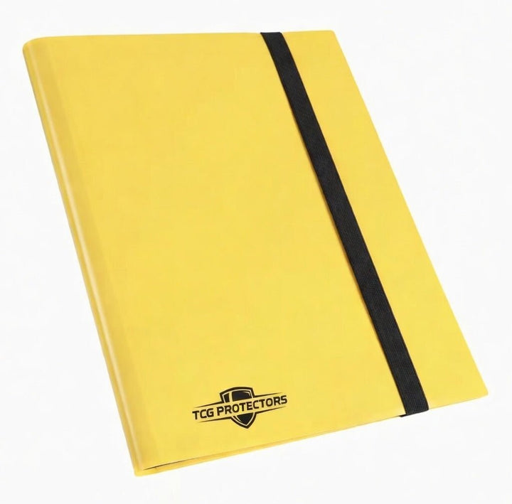 TCG Protectors premium yellow strap binder featuring secure black elastic band and logo, perfect for organizing and protecting your Pokémon, One Piece, Magic: The Gathering, and sports card collections.