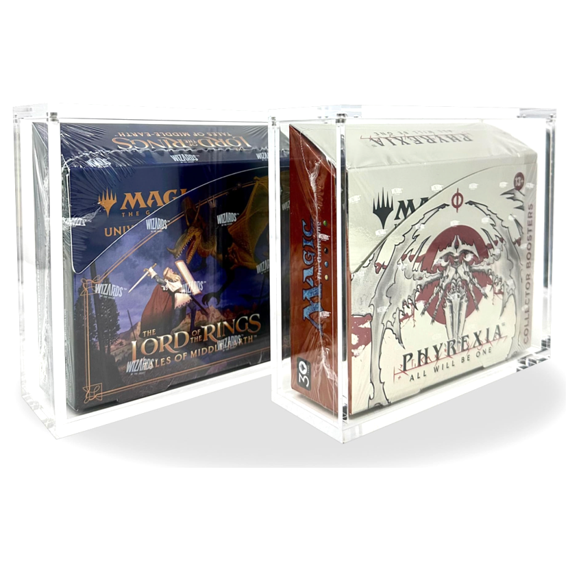 Two Magic the Gathering Collector Booster boxes stored in premium acrylic display cases with magnetic lids.