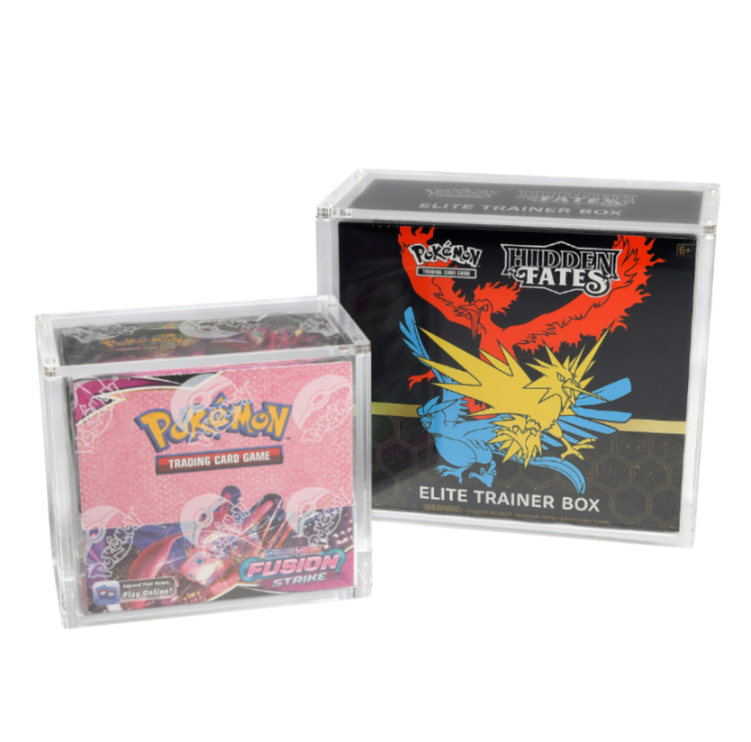 Premium acrylic display cases for Pokémon Fusion Strike booster box and Hidden Fates Elite Trainer Box