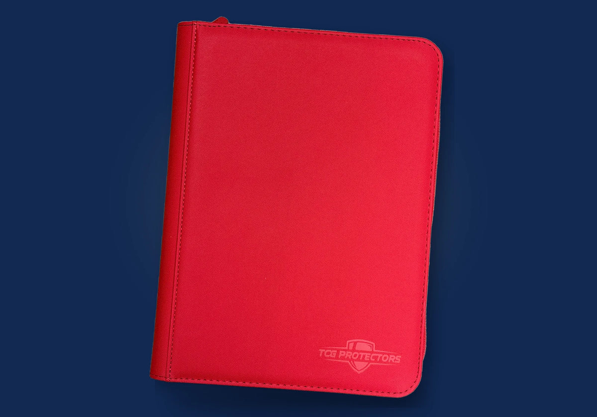 Red TCG Protectors Premium 9-Pocket Zip Binder with embossed logo and heavy-duty zipper