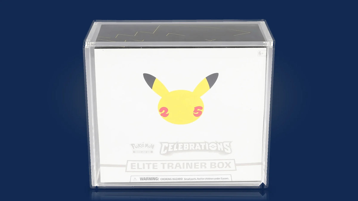 Pokémon Celebrations Elite Trainer Box inside a TCG Protectors clear acrylic ETB display case