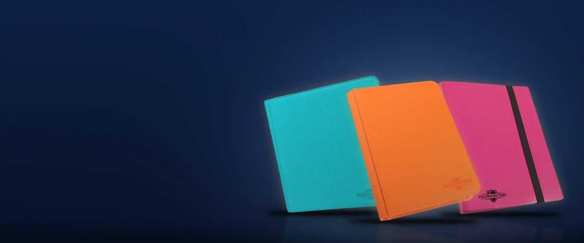 TCG Protectors teal 12-pocket zipper binder, orange 9-pocket zipper binder and hot pink 9-pocket strap portfolio binder